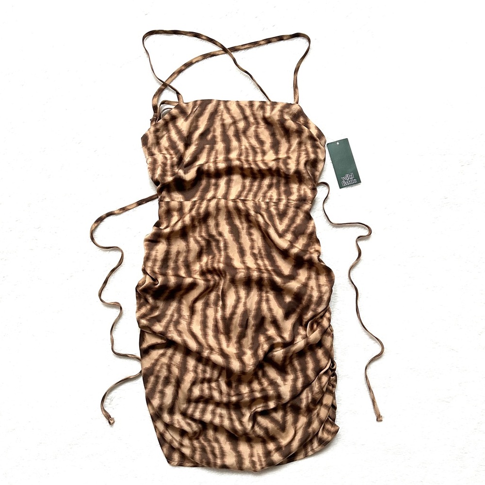 Wild Fable Brown Abstract Strappy Back Ruched Mini Dress Sleeveless XXS NWT